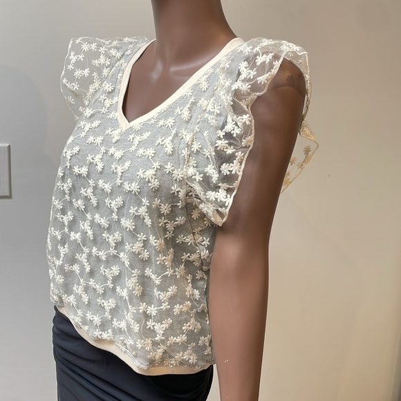 Anthropologie Amadi Floral Blouse Top Flutter Sleeves Sheer Textured Cream XS - Picture 6 of 10